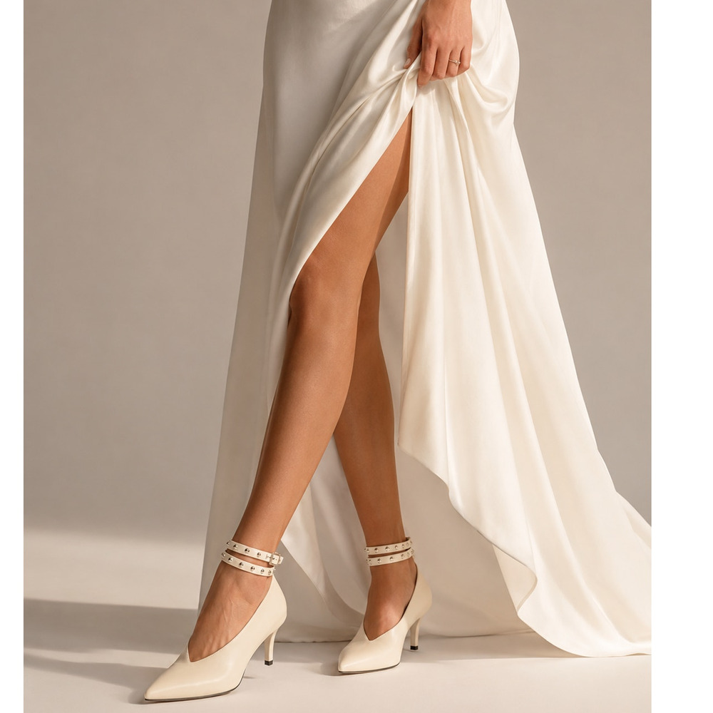 Jimmy Choo 8 Leather Lark 65 Pumps Deep V Ankle Strap Ivory Ecru Booties 38.5